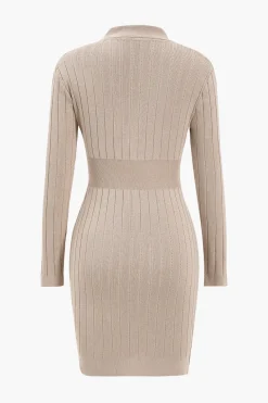 Knit Button V-Neck Hollow Out Long Sleeve Dress