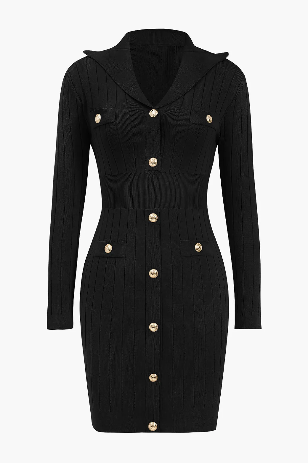 Knit Button V-Neck Hollow Out Long Sleeve Dress