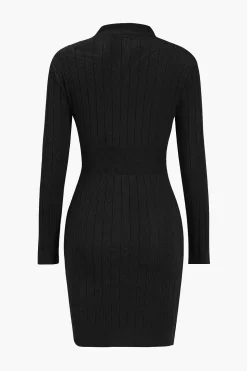 Knit Button V-Neck Hollow Out Long Sleeve Dress