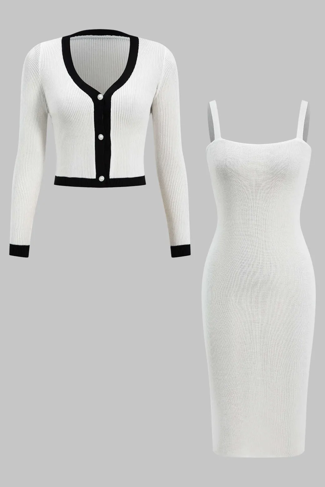 Knit Button V-Neck Patchwork Long Sleeve Cardigan And Slip Dress Set