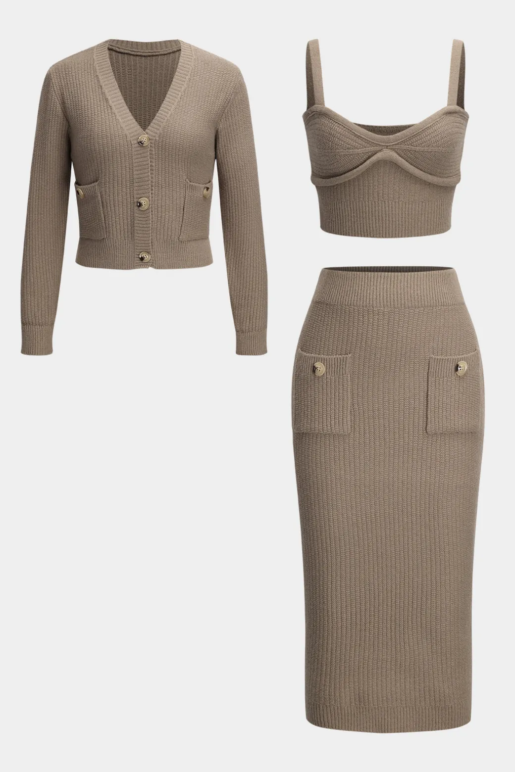 Knit Cami Top And Cardigan And Skirt Set