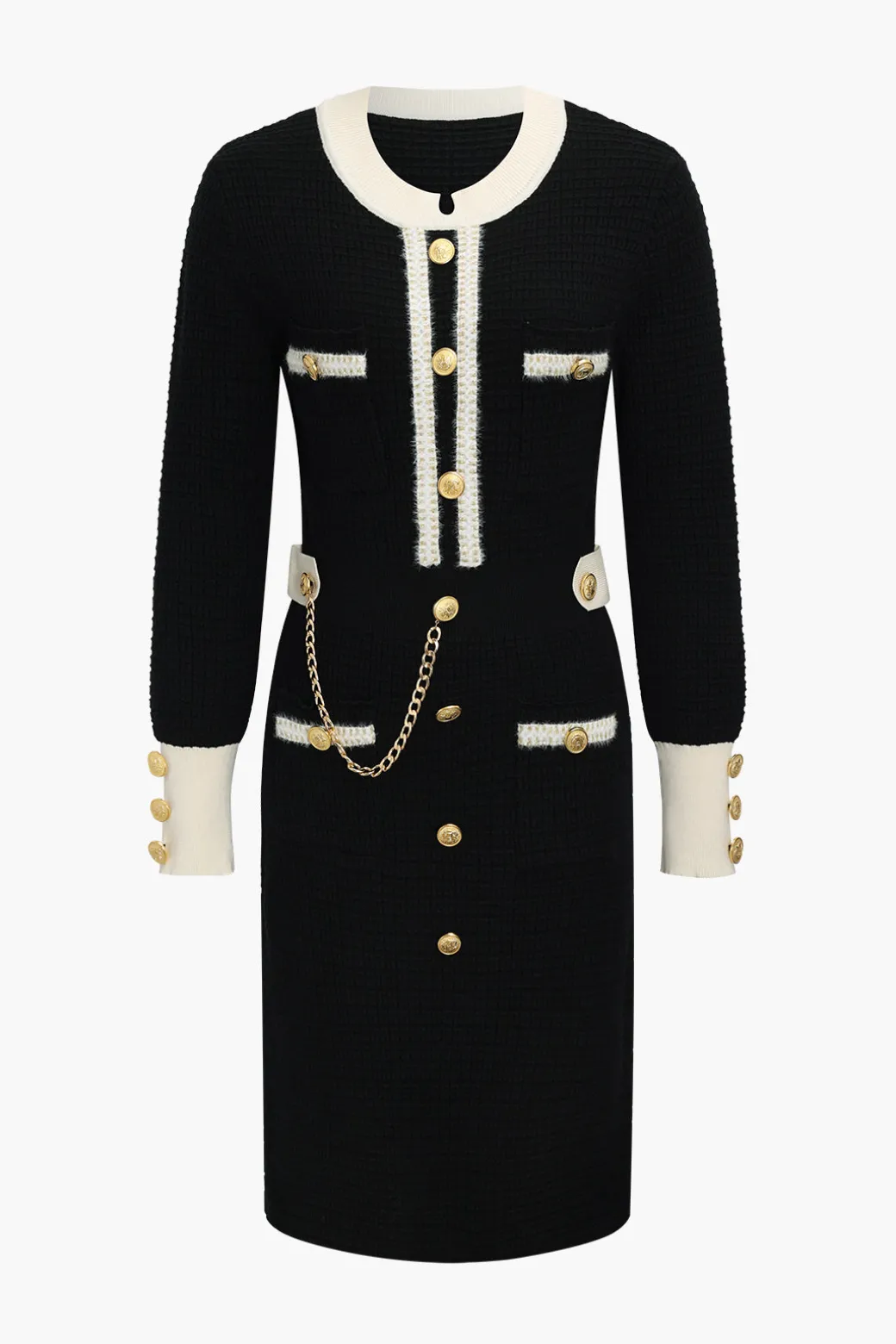 Knit Chain Button Long Sleeve Dress