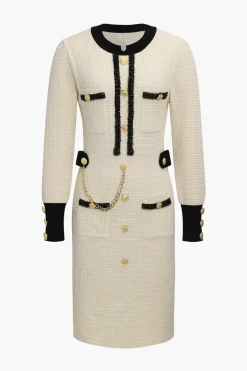 Knit Chain Button Long Sleeve Dress