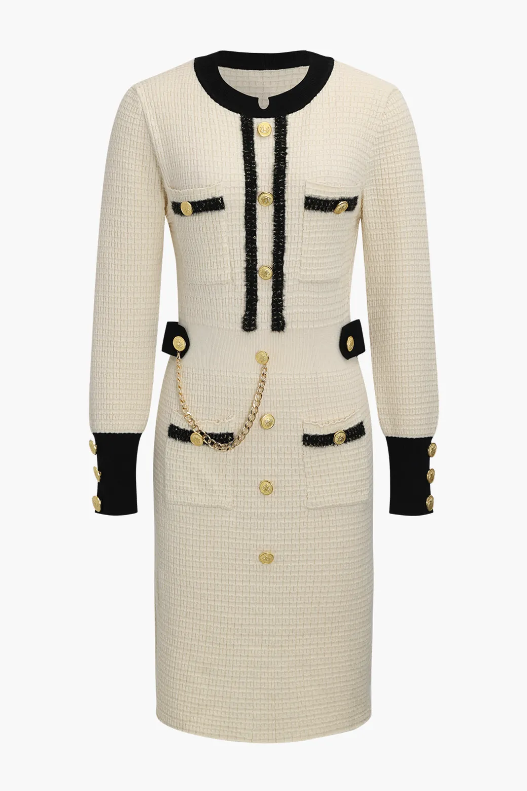 Knit Chain Button Long Sleeve Dress