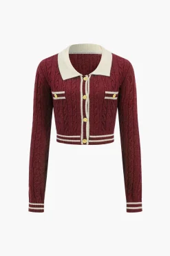 Knit Color Block Button Fake Pockets Long-Sleeve Top