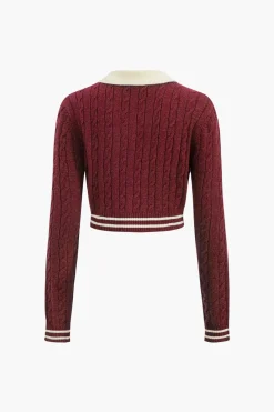Knit Color Block Button Fake Pockets Long-Sleeve Top