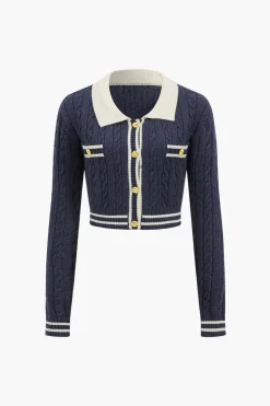 Knit Color Block Button Fake Pockets Long-Sleeve Top