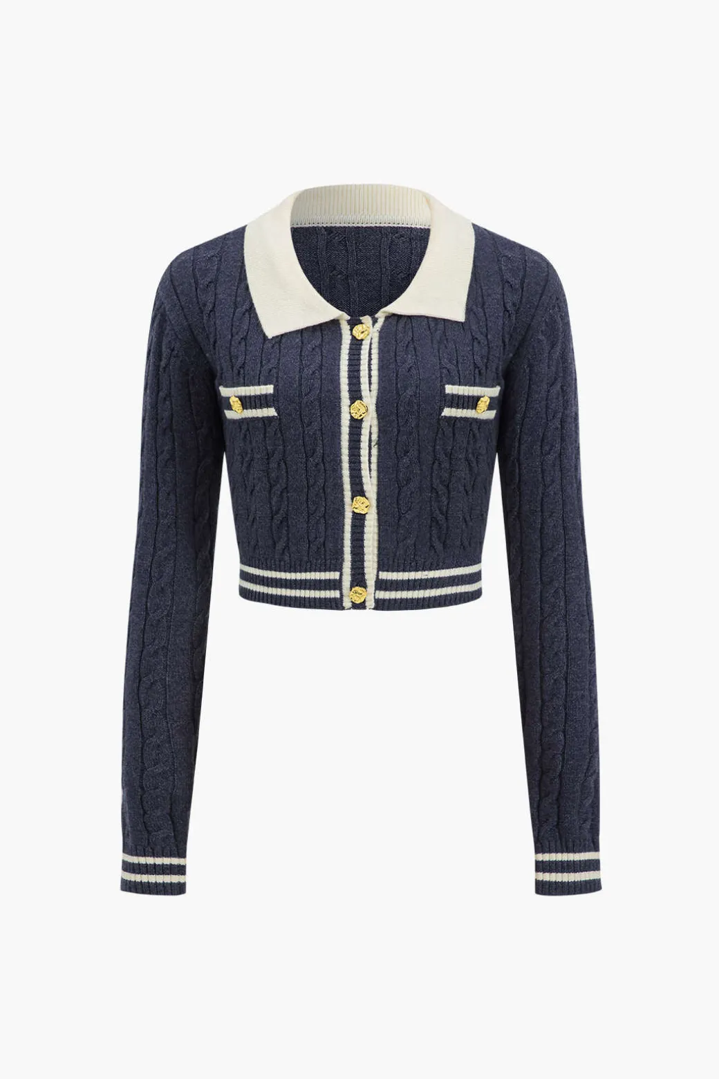Knit Color Block Button Fake Pockets Long-Sleeve Top