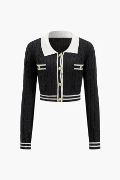 Knit Color Block Button Fake Pockets Long-Sleeve Top