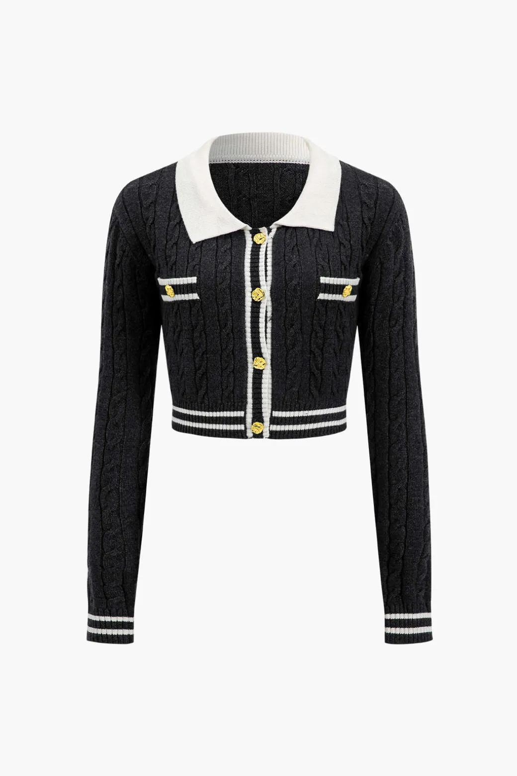 Knit Color Block Button Fake Pockets Long-Sleeve Top
