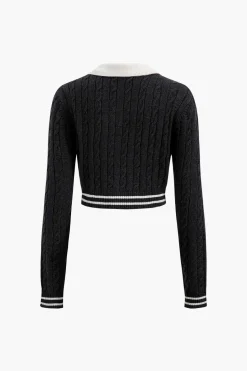 Knit Color Block Button Fake Pockets Long-Sleeve Top