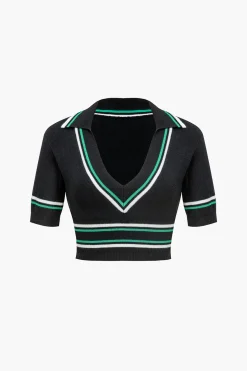 Knit Color Block V-neck Short-Sleeve Top
