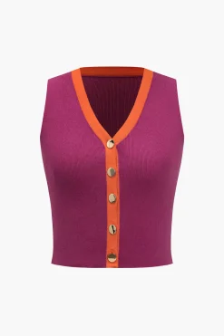Knit Color-Block Button Tank Top And Skirt Set