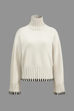 Knit Contrast Whipstitching Long-Sleeve Top