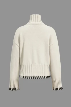Knit Contrast Whipstitching Long-Sleeve Top