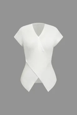 Knit Crossed Asymmetrical Short-Sleeve Top