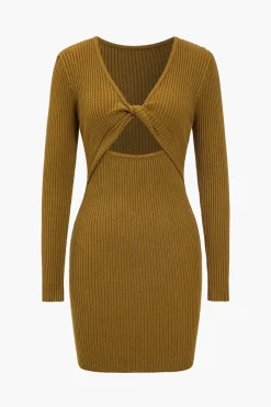 Knit Cut Out Twist Knot V-Neck Long Sleeve Dress