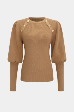 Knit Gold Button Gigot Sleeve Long-Sleeve Top