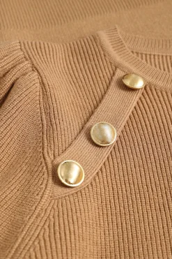 Knit Gold Button Gigot Sleeve Long-Sleeve Top
