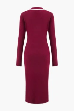 Knit Long Sleeve Button Pocket Dress