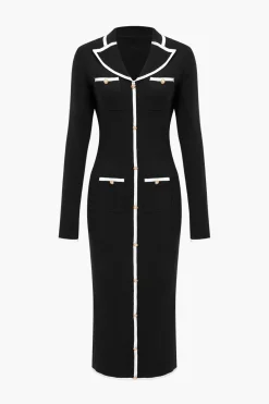 Knit Long Sleeve Button Pocket Dress
