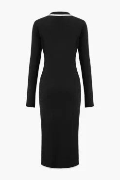 Knit Long Sleeve Button Pocket Dress
