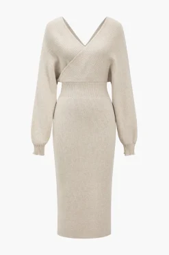 Knit Long Sleeve V-Neck Slit Dress