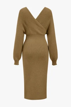 Knit Long Sleeve V-Neck Slit Dress