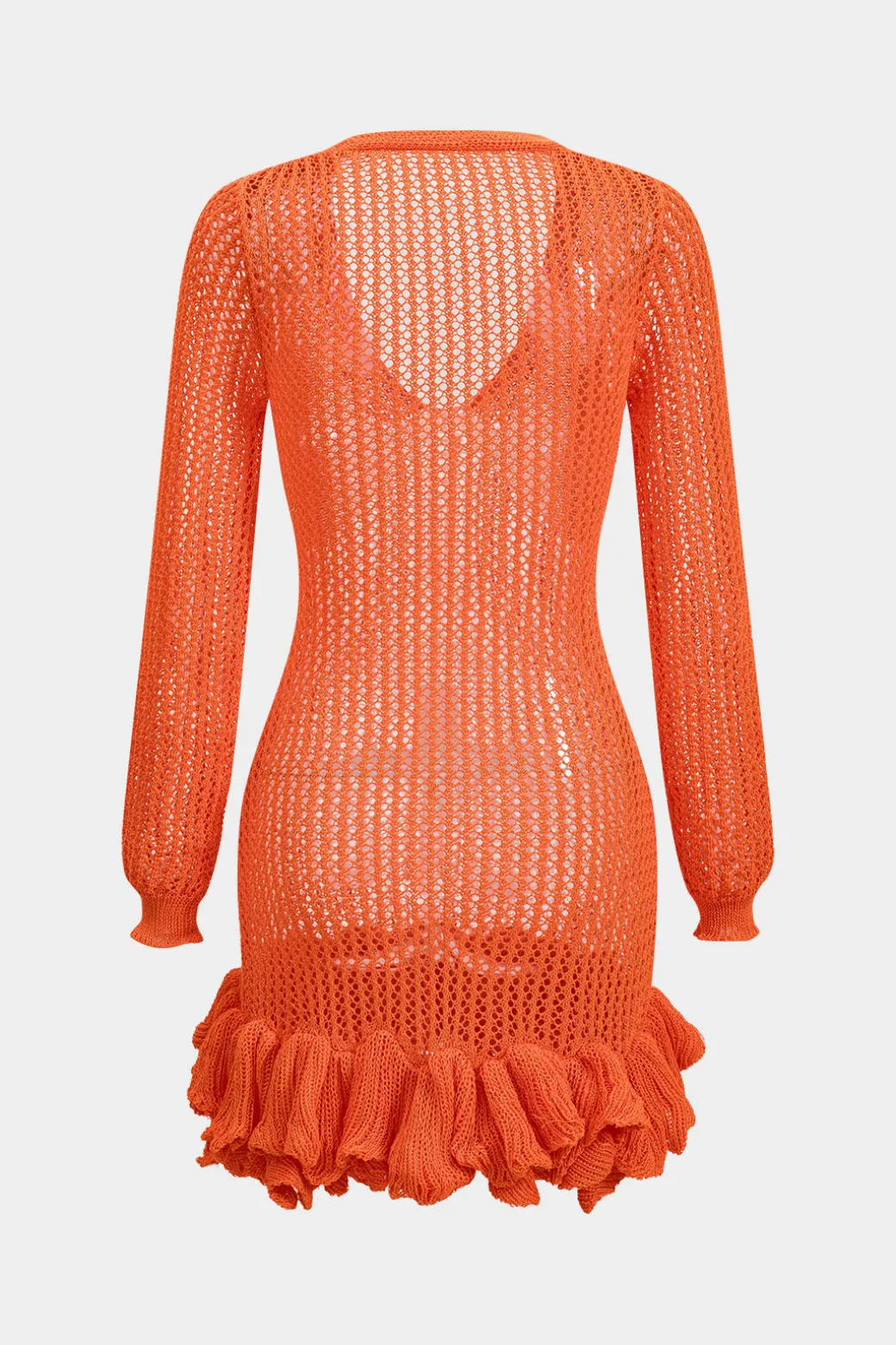 Knit Mesh Scallop Edge Long Sleeve Dress