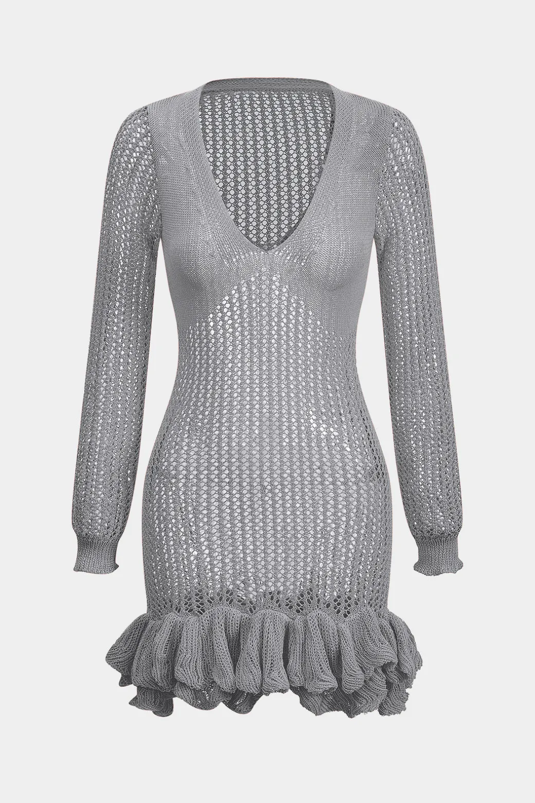 Knit Mesh Scallop Edge Long Sleeve Dress
