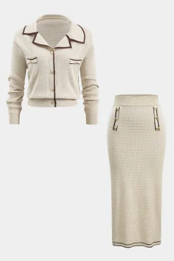 Knit Metallic Button Fake Pocket Long-Sleeve Top And Skirt Set