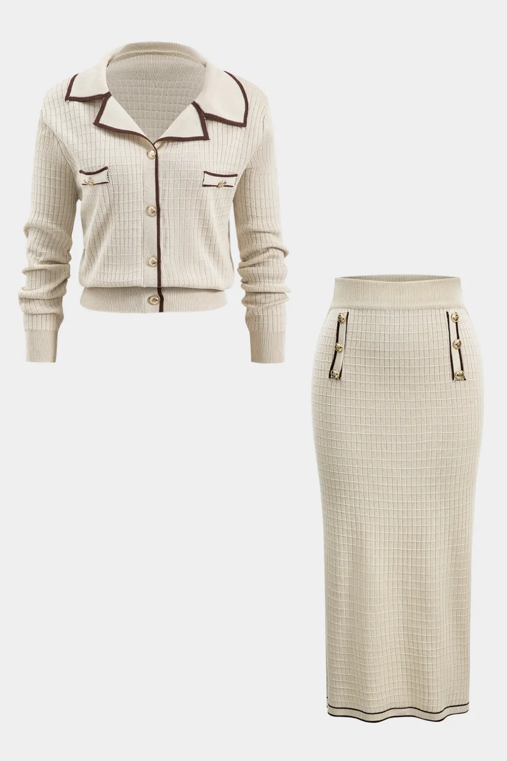 Knit Metallic Button Fake Pocket Long-Sleeve Top And Skirt Set