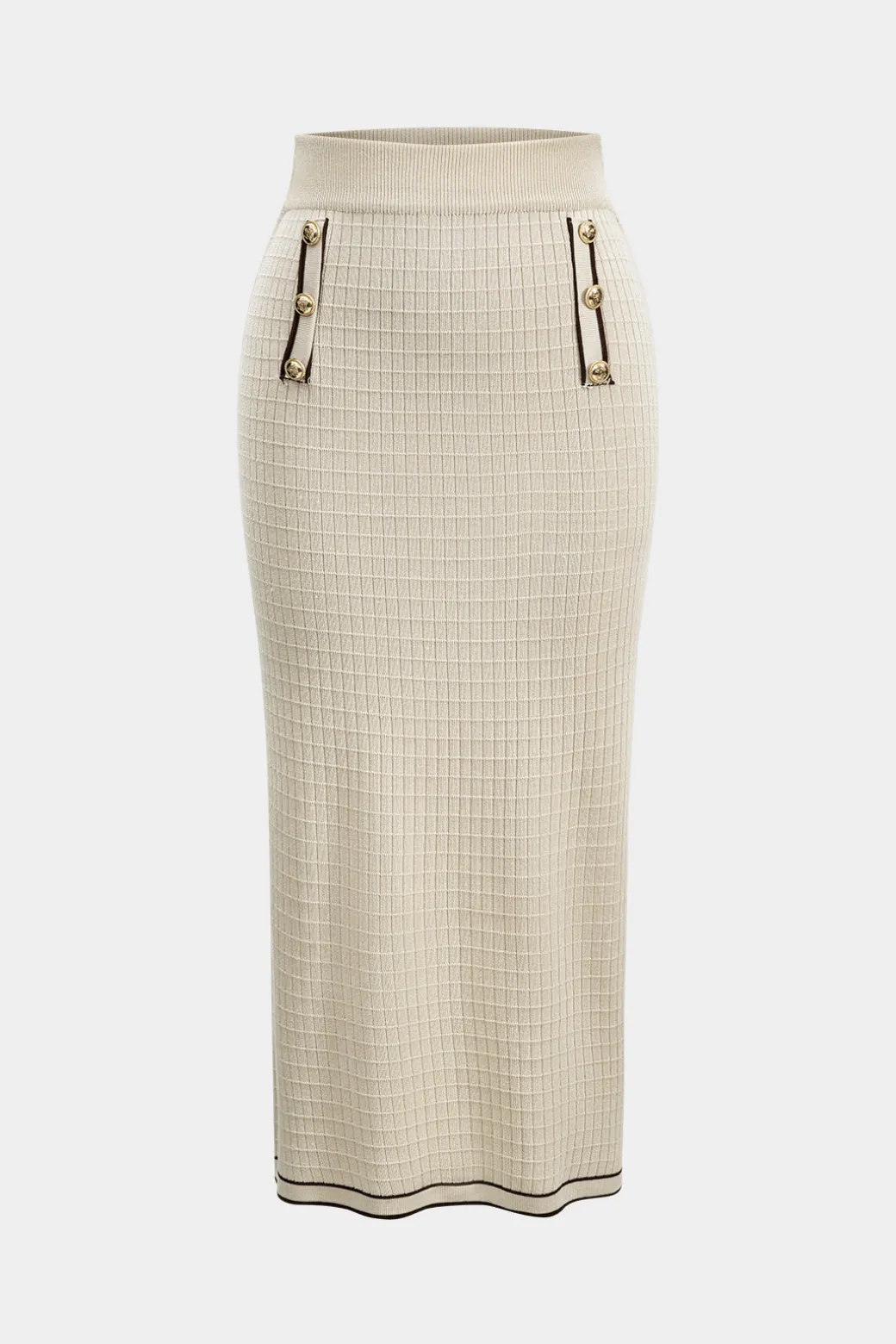 Knit Metallic Button Fake Pocket Long-Sleeve Top And Skirt Set