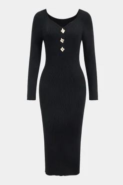 Knit Metallic Button Long Sleeve Dress