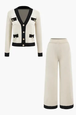 Knit Metallic Button Pocket Top And Pants Set