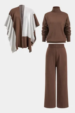 Knit Mock Neck Top And Contrast Top And Pants Set