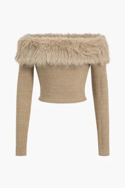 Knit Off Shoulder Patchwork Faux Fur Long-Sleeve Top
