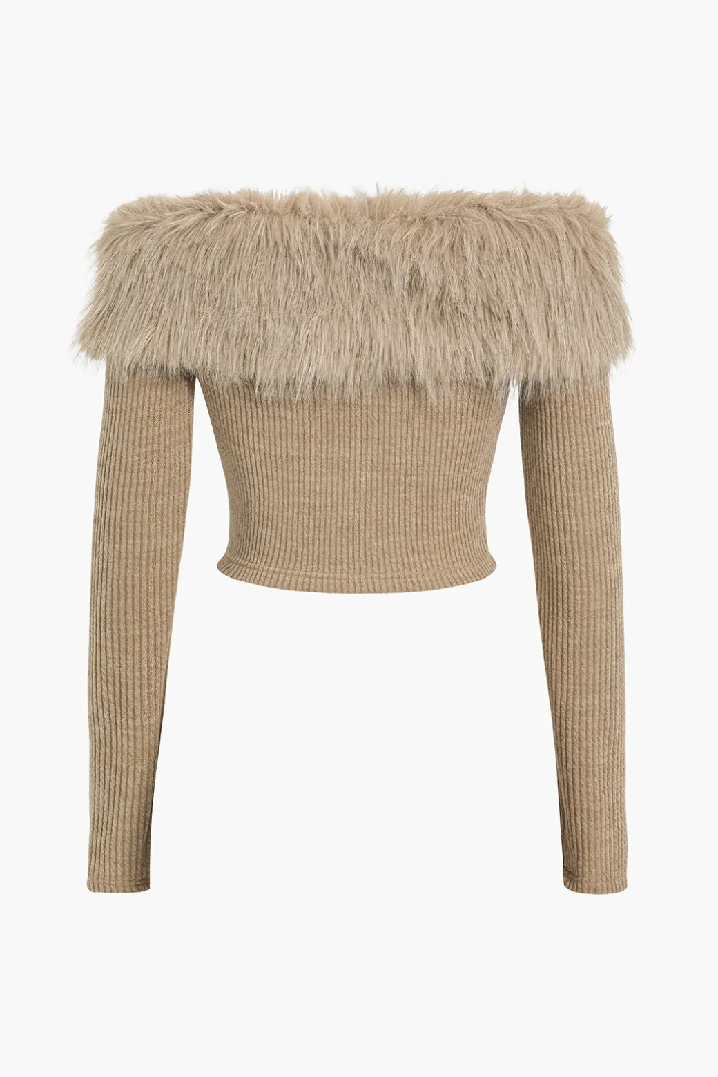 Knit Off Shoulder Patchwork Faux Fur Long-Sleeve Top