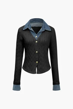 Knit Patchwork Denim Long-Sleeve Top