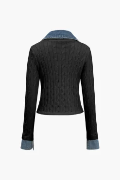 Knit Patchwork Denim Long-Sleeve Top