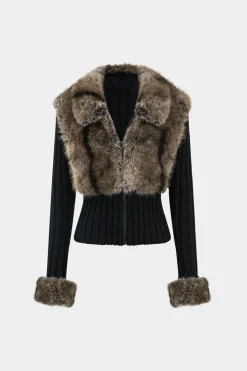 Knit Patchwork Faux Fur Collar Long-Sleeve Cardigan