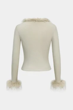 Knit Patchwork Faux Fur Tie-Up Long-Sleeve Top