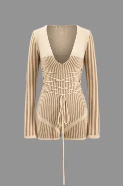 Knit Patchwork Tie-Up V-Neck Long Sleeve Romper