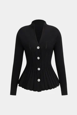 Knit Pleated Crystal Button Long-Sleeve Top