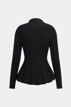 Knit Pleated Crystal Button Long-Sleeve Top
