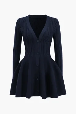 Knit Puff Hem Long Sleeve V-neck Dress