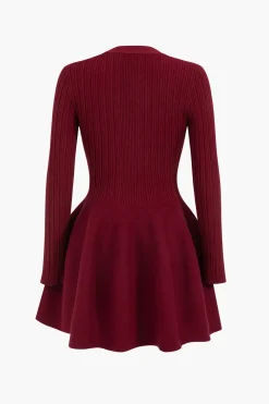 Knit Puff Hem Long Sleeve V-neck Dress
