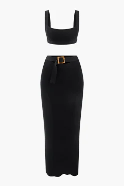 Knit Square Neck Crop Tank Top And Buckle Midi Skirt Set