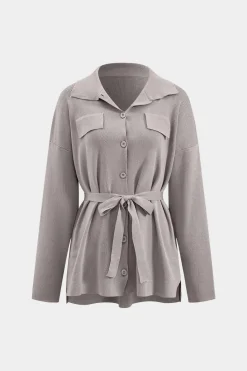 Knit Tie-Up Button Pocket Long-Sleeve Top And Trousers Set