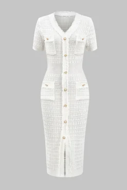 Knit V-Neck Button Short Sleeve Dress